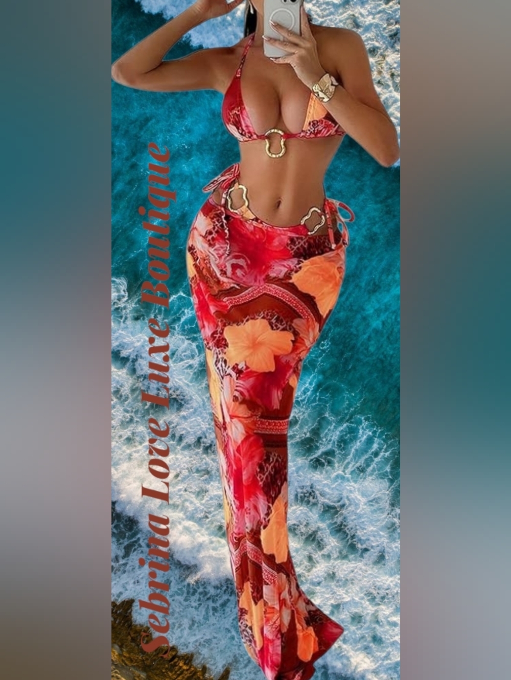 Sexy 3 Piece Red & Orange Multicolor Tropical Print Bikini & Coverup Set